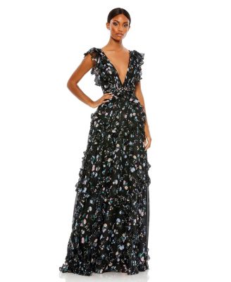 【Mac Duggal】Ieenaフローラルミニドレス Multicolor Floral Printed Chiffon Cape Mini Dress | Mac Duggal