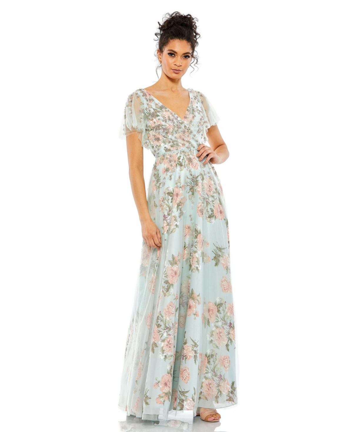 Best 1920s Prom Dresses – Great Gatsby Style Gowns Womens Floral Flutter Sleeve V-Neck Maxi Dress - Blue multi $458.00 AT vintagedancer.com