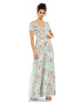 Mac Duggal マックドゥガル Vネック花柄立体清楚なロングドレス Mac Duggal マックドゥガル ピンクフラワー長袖ロングドレス