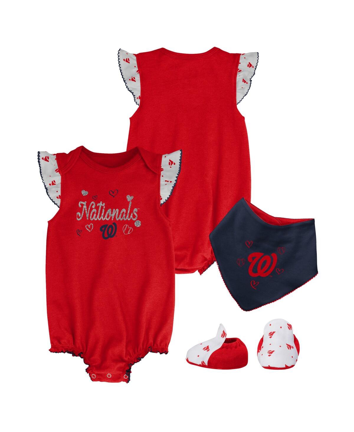 Shop Outerstuff Girls Newborn And Infant Red Washington Nationals 3-piece Home Plate Bodysuit, Bib And Booties Set