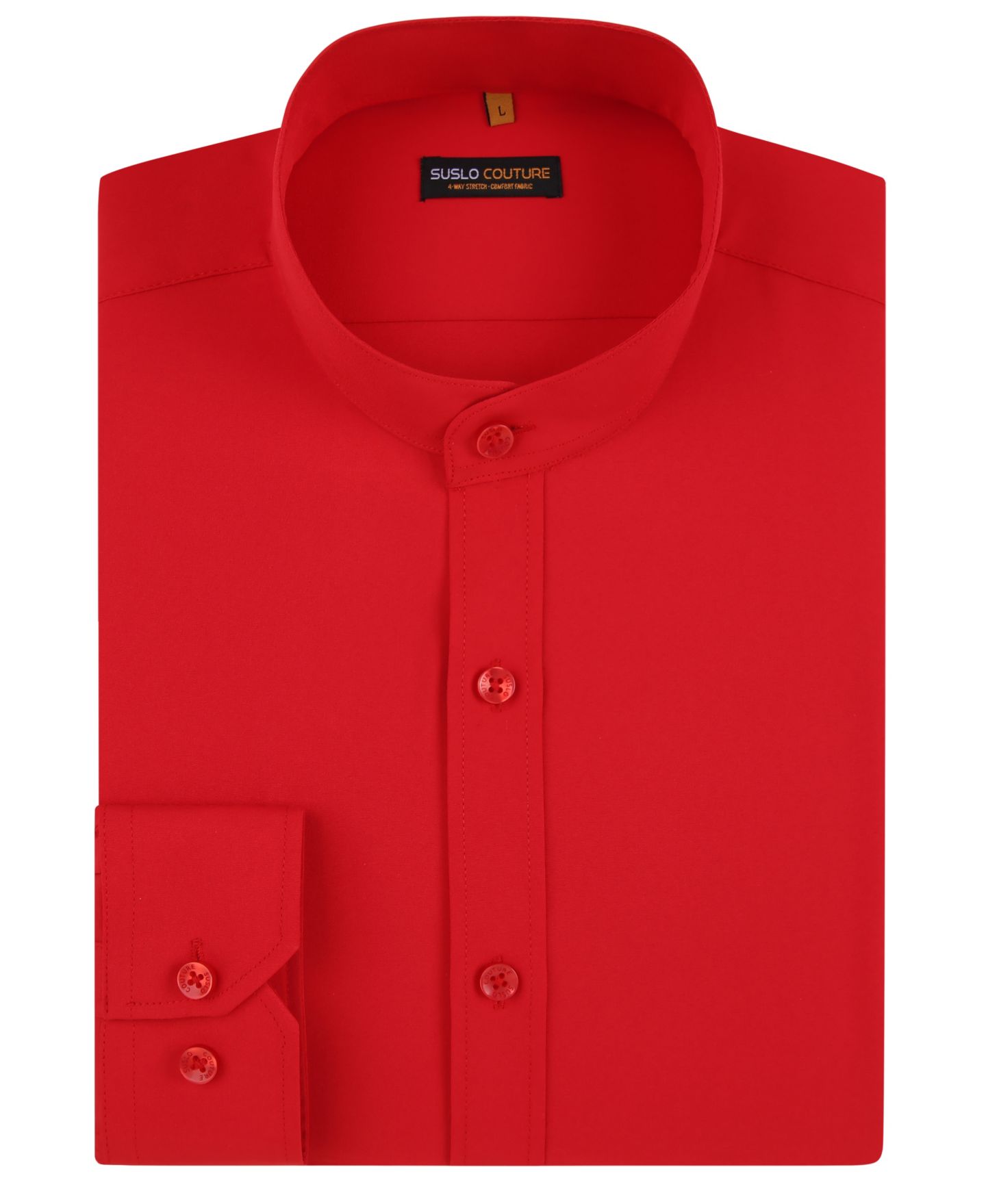 Мужская рубашка Suslo Couture Slim Fit Solid Performance Collarless Button Down Shirt, цвет: Красный — фото 2
