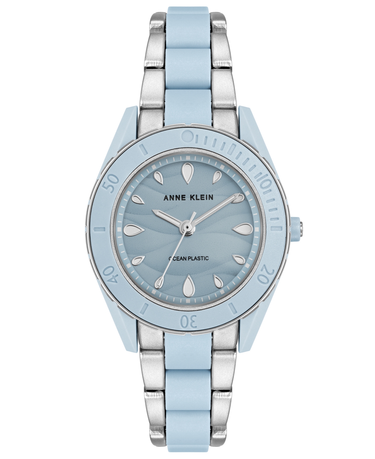 Anne Klein Women's Solar Silver-tone And Light Blue Oceanworks Plastic Watch, 32mm In Silver,light Blue