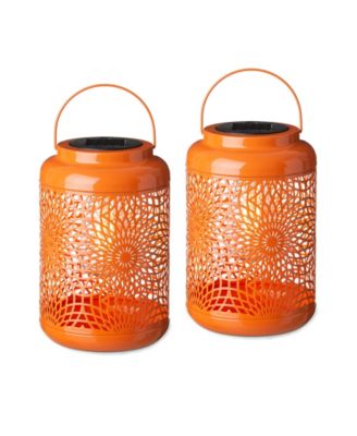 8.75" H Metal Cutout Solar Powered Outdoor Hanging Lantern with Edison Bulb, Set of 2
