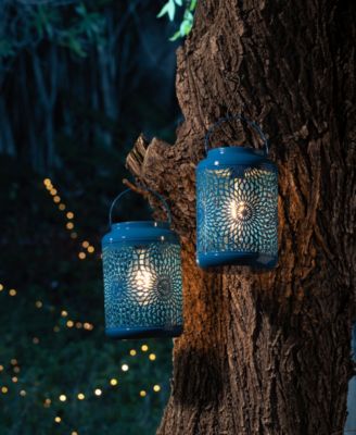 8.75" H Metal Cutout Solar Powered Outdoor Hanging Lantern with Edison Bulb, Set of 2