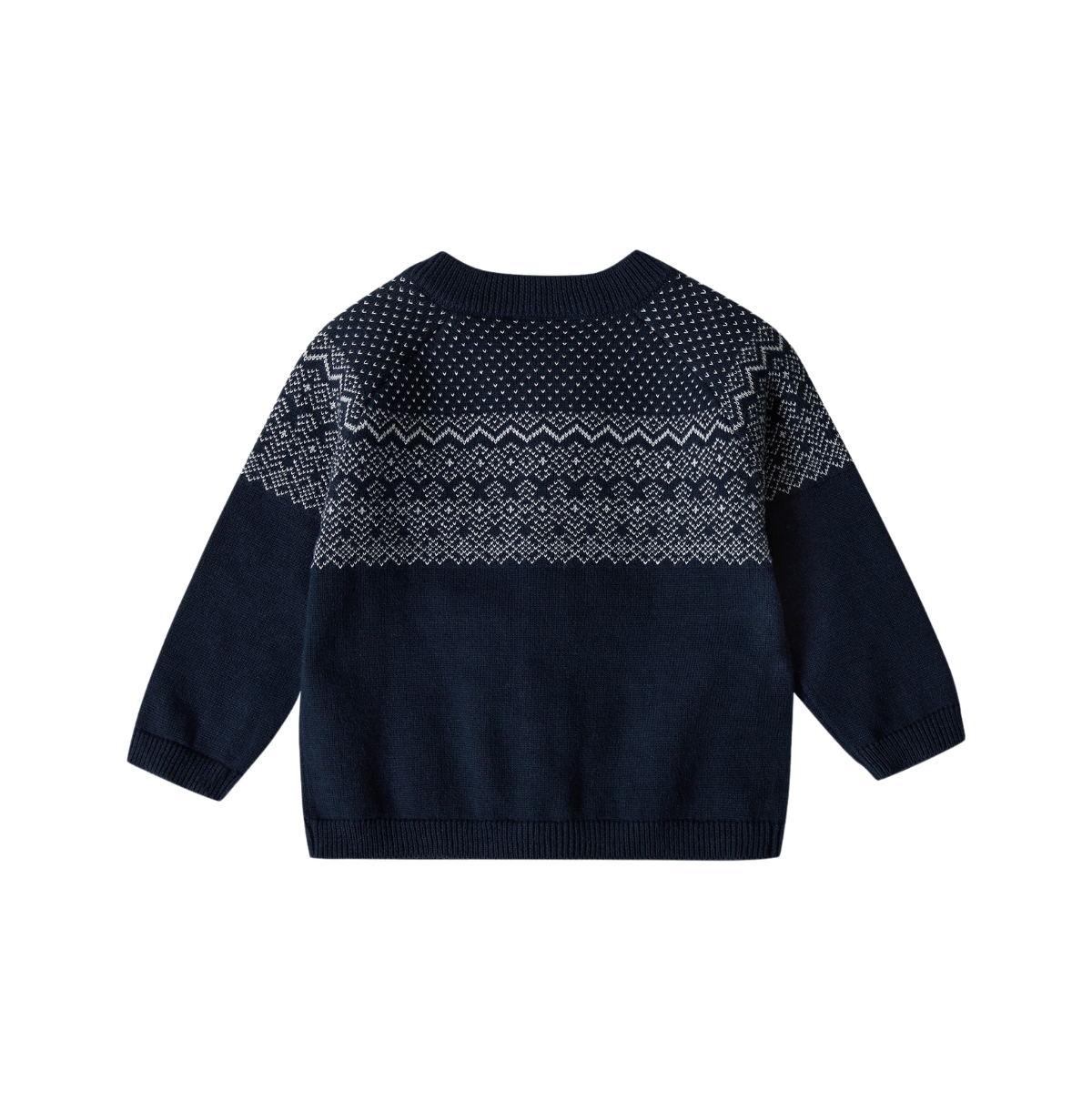 Stellou & Friends Toddler 100% Cotton Knit Norwegian Jacquard Design Long Sleeve Cardigan Sweater - Navy with cream