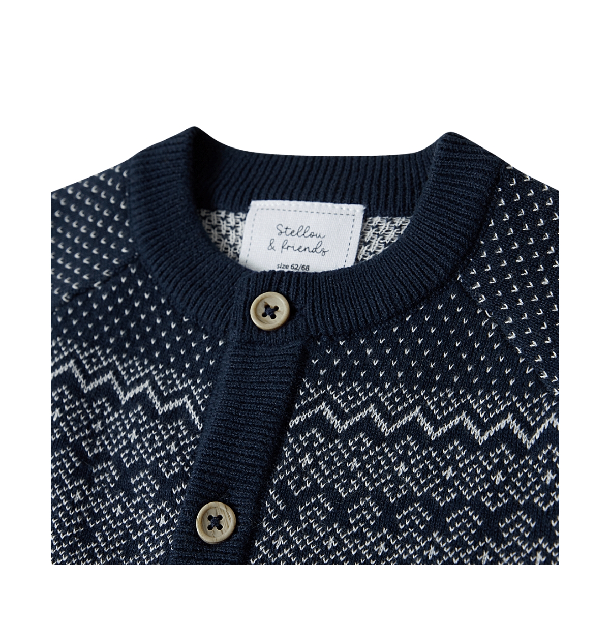 Stellou & Friends Toddler 100% Cotton Knit Norwegian Jacquard Design Long Sleeve Cardigan Sweater - Navy with cream