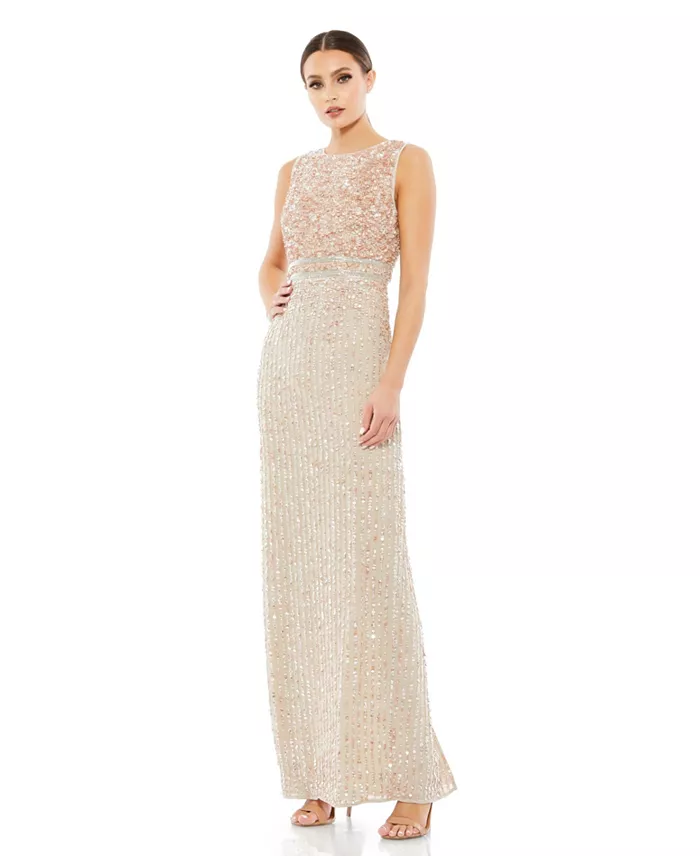 Women's Sequined High Neck Sleeveless Column Gown