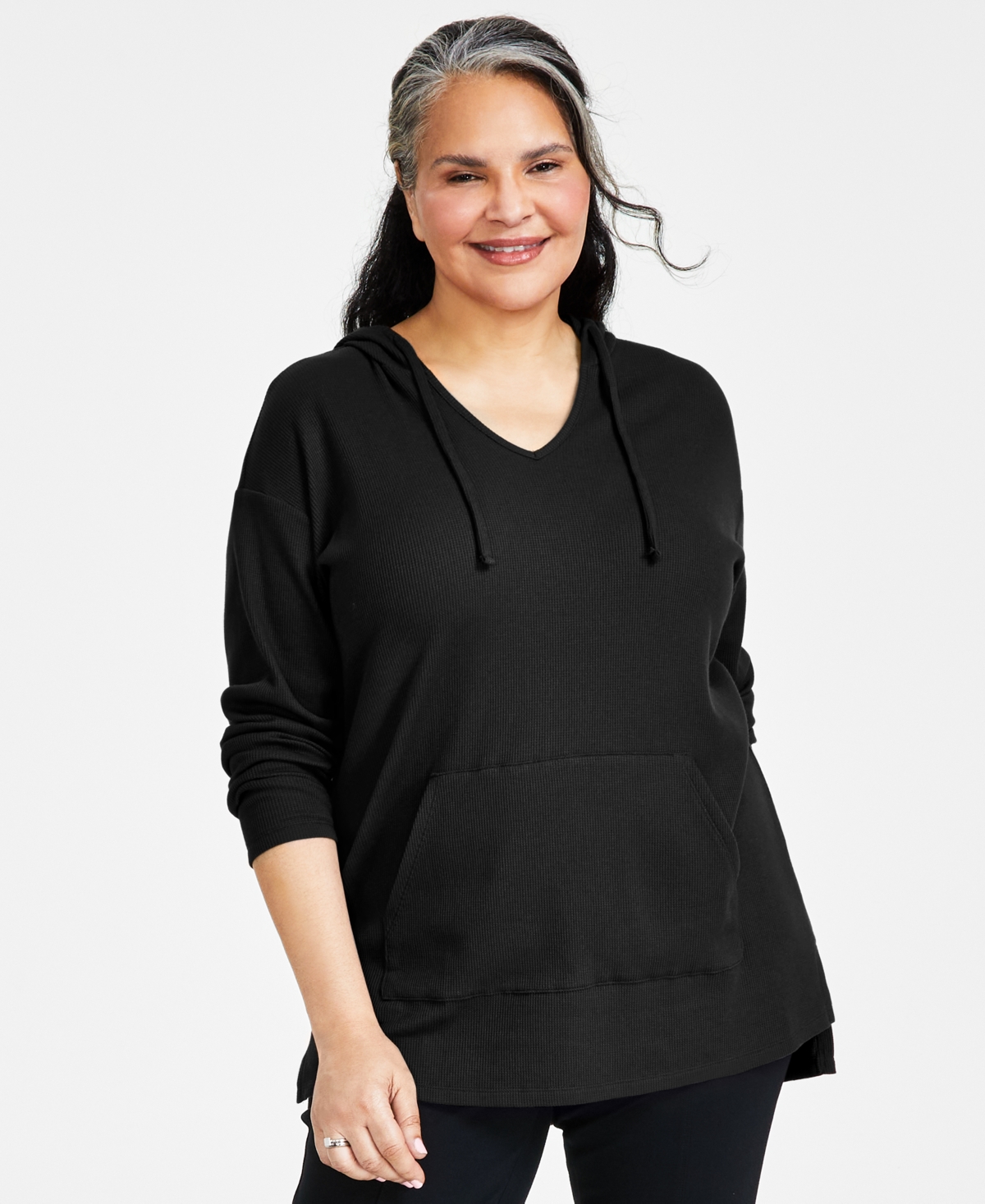 Plus Size Waffle-knit Hoodie Tunic, Created For Macy's In Deep Black