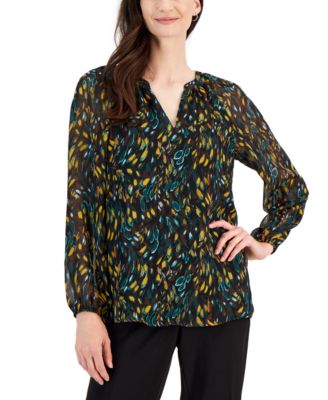 Kasper - Petite Long-Sleeve Printed V-Neck Top