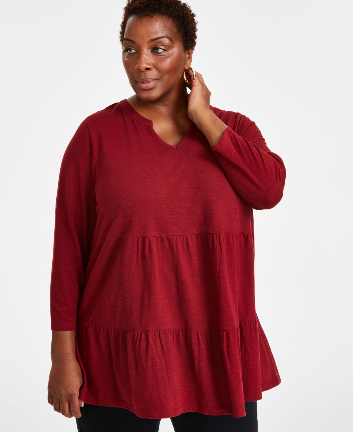 STYLE & CO PLUS SIZE COTTON SPLIT-NECK TIERED TUNIC, CREATED FOR MACY'S