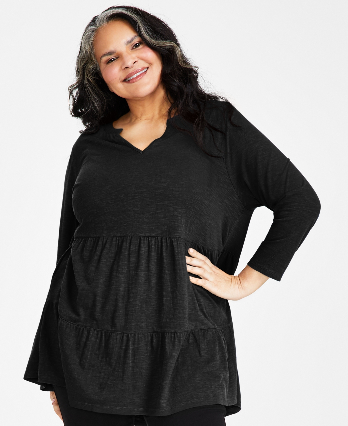 Style & Co Plus Size Cotton Split-neck Tiered Tunic, Created For Macy's In Deep Black