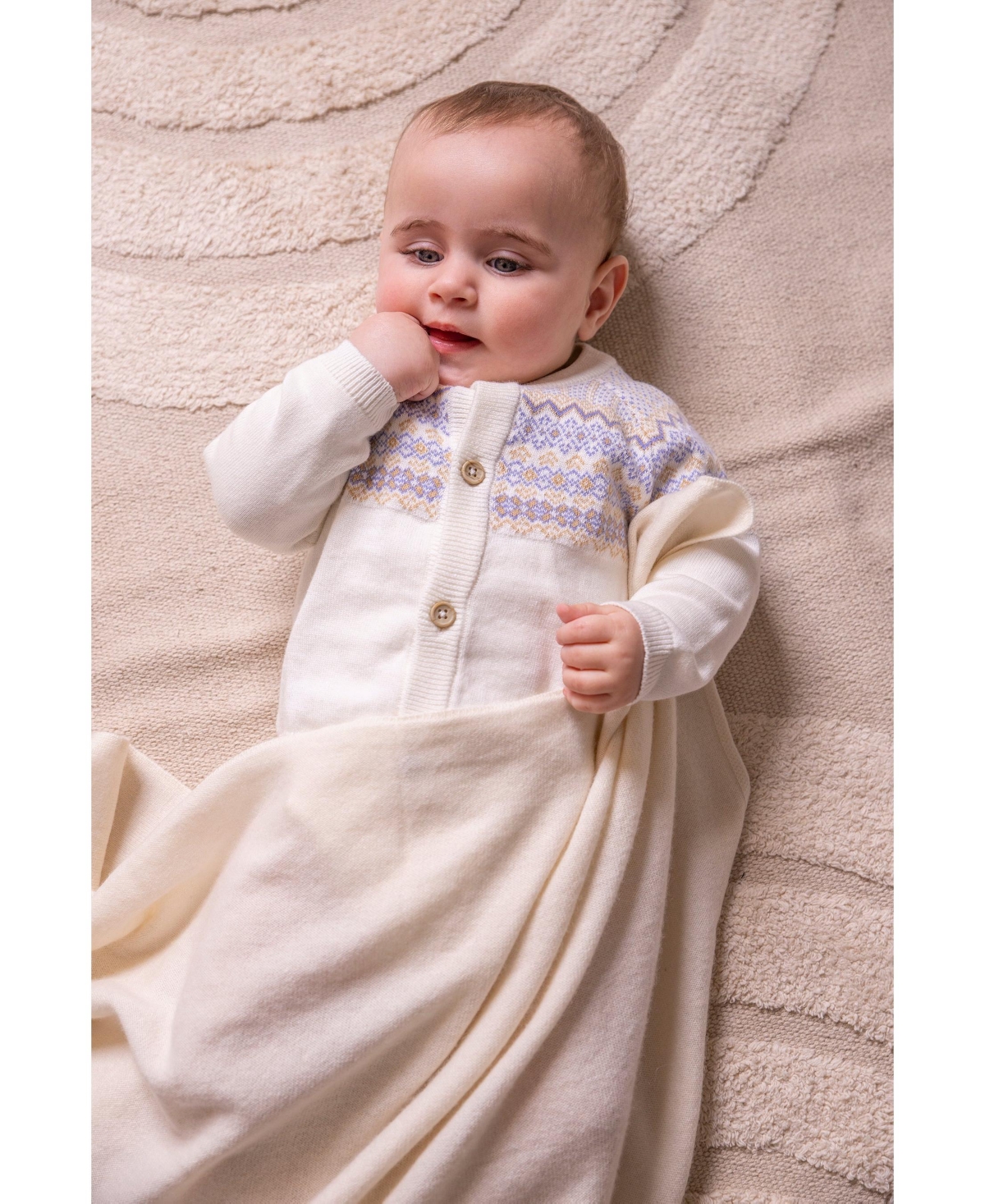 Stellou & Friends Baby Girls 100% Cotton Knit Norwegian Jacquard Design Long Sleeve Cardigan Sweater - White with periwinkle and beige