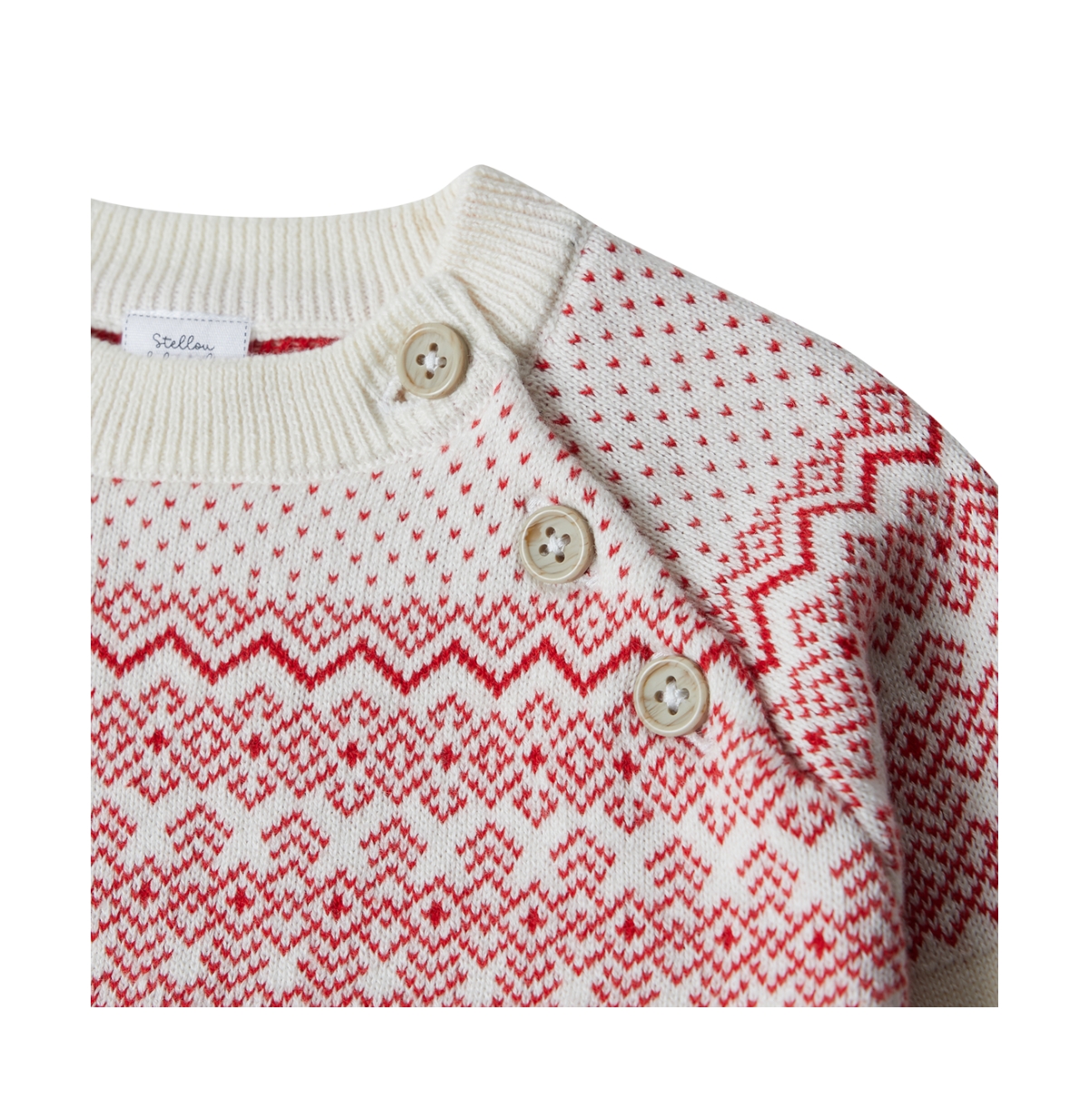 Stellou & Friends Baby Girls 100% Cotton Jacquard Design Baby Long Sleeve Crew Neck Sweater, Unisex - White with red