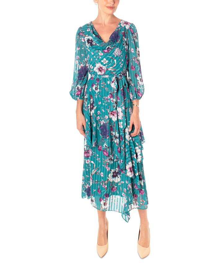 Maison Tara Navy Tropical Floral Illusion Wrap Midi Dress