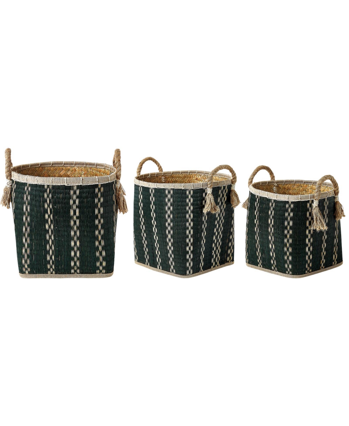 3 Piece Round Top and Square Bottom Palm Leave Basket Set with Rope Handles and Tassels - Black and Natural