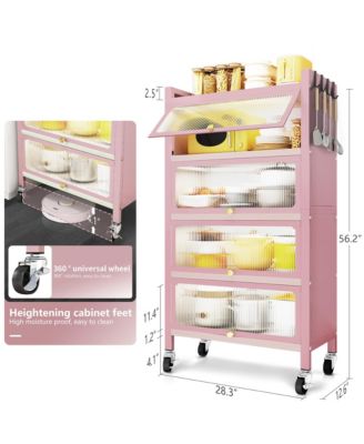 56.2 Tall Kitchen Storage Cabinet, 5 Tier Pantry Cabinet, 4 Door Accent Cabinet, Pink