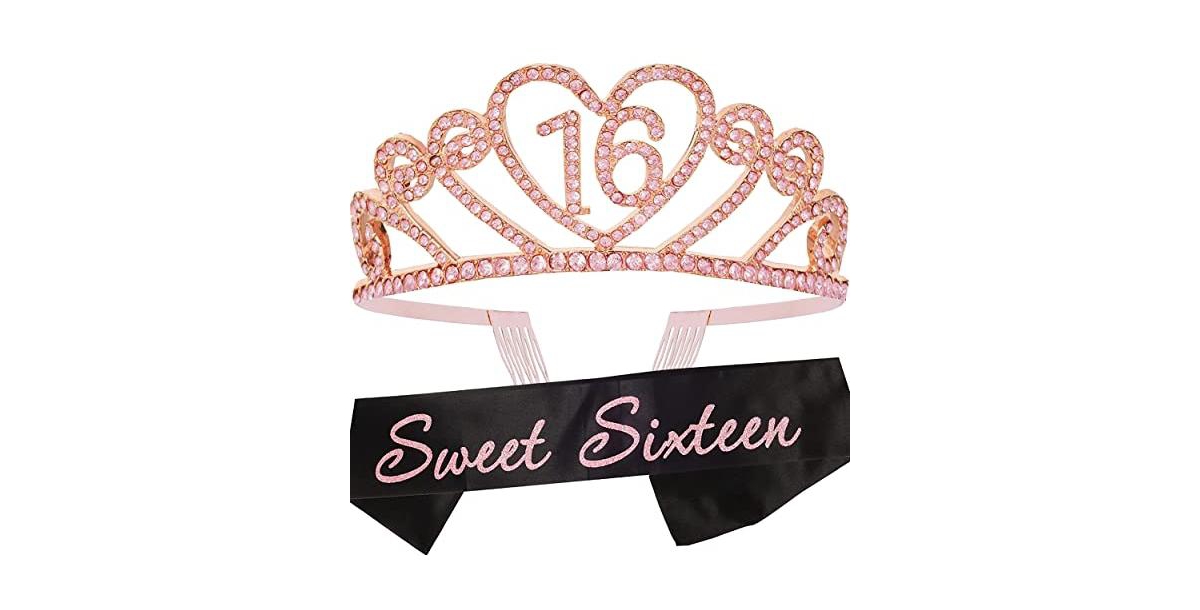 Meant2tobe 16th Birthday Sash and Tiara for Girls - Fabulous Set: Glitter Sash + Gravity Rhinestone Pink Premium Metal Tiara, 16th Birthday Gifts for