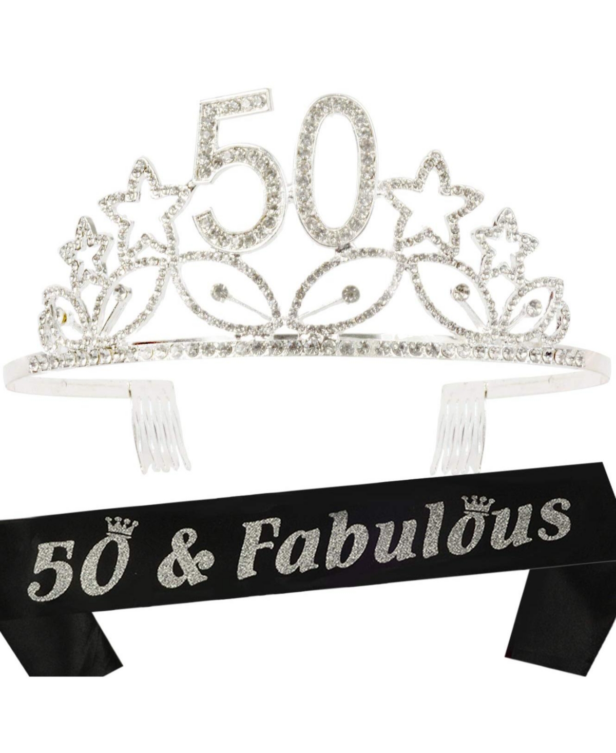 50th Birthday Sash and Tiara for Women - Fabulous Glitter Sash + Stars Rhinestone Premium Metal Tiara for Her, 50th Birthday Gifts for 50 P