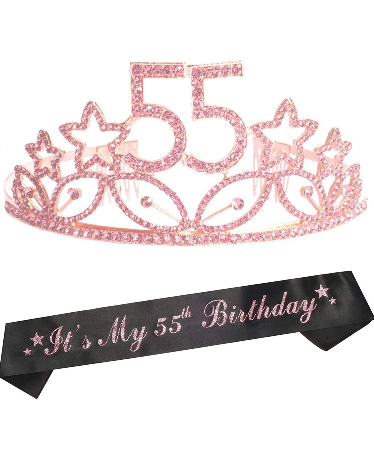 55th Birthday Sash and Tiara for Women - Fabulous Glitter Sash + Stars Rhinestone Pink Premium Metal Tiara for Her, 55th Birthday Gifts for