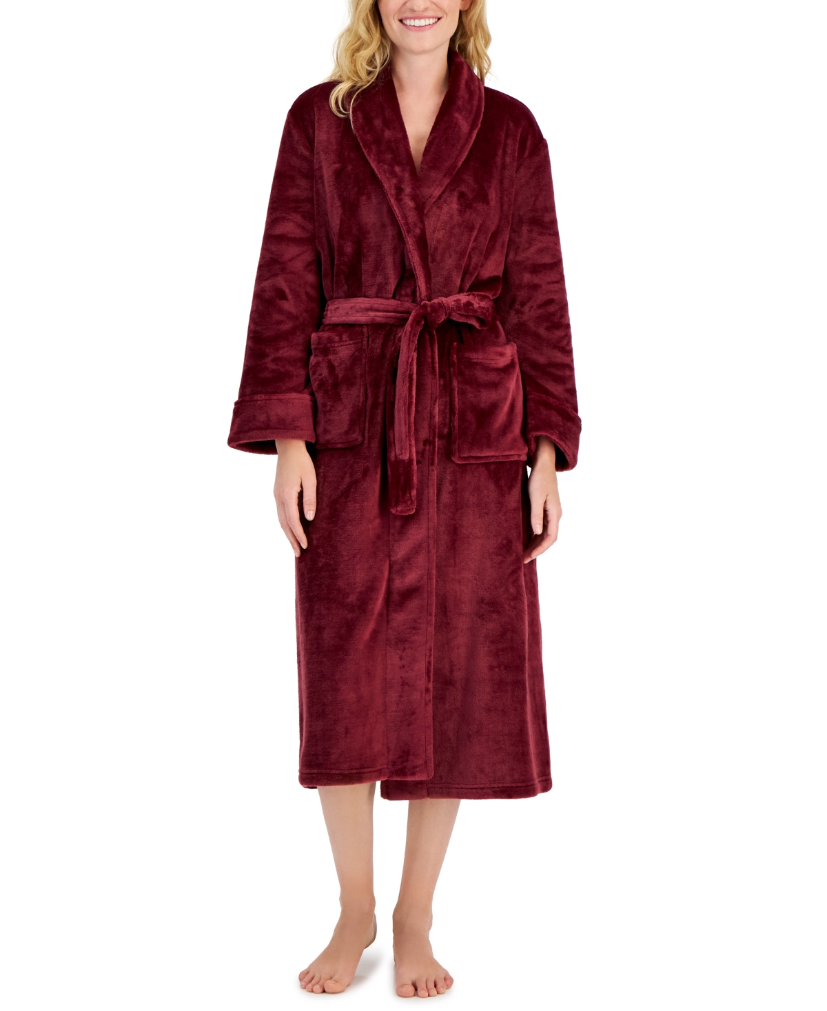 Charter Club Women's Long Solid Shine Plush Knit Robe, Created For Macy's In Cherry Wine