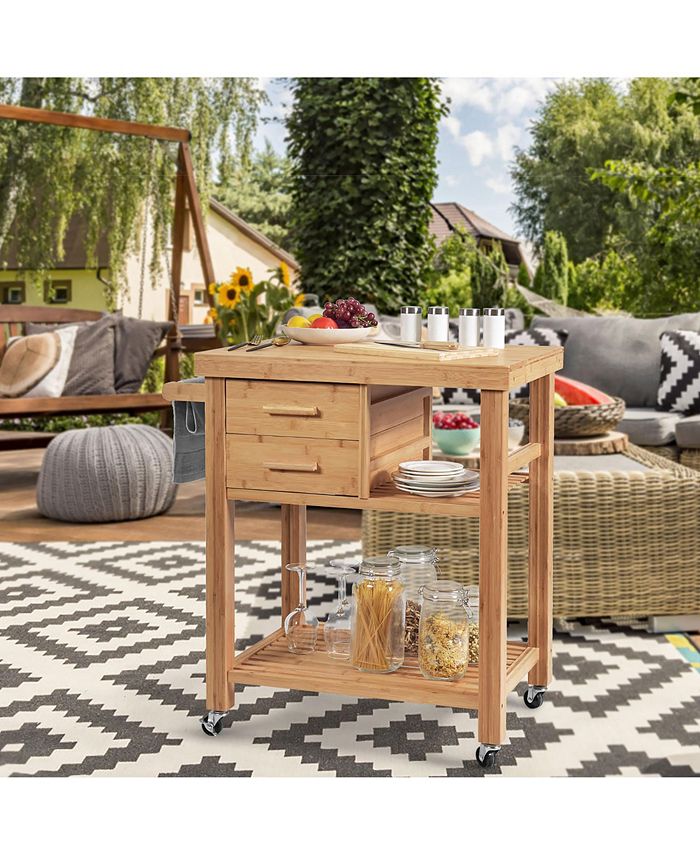 Costway Bamboo Kitchen Trolley Cart Wood Rolling Island Macy's