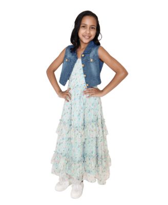 Rare Editions - Big Girls Floral Chiffon Ruffle Tiered Dress & Denim Vest