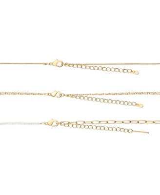14k Gold Flash Plated White Enamel Paperclip Herringbone Chain Layered Necklaces, 3 Piece Set