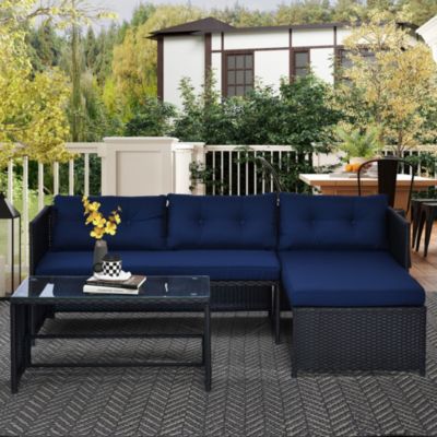 3-Piece Wicker Patio Furniture Sets, Rattan Conversation Sets, Sectional sofa set with Cushioned Lounge Chaise for Garden Poolside or Porch Lounging, Blue