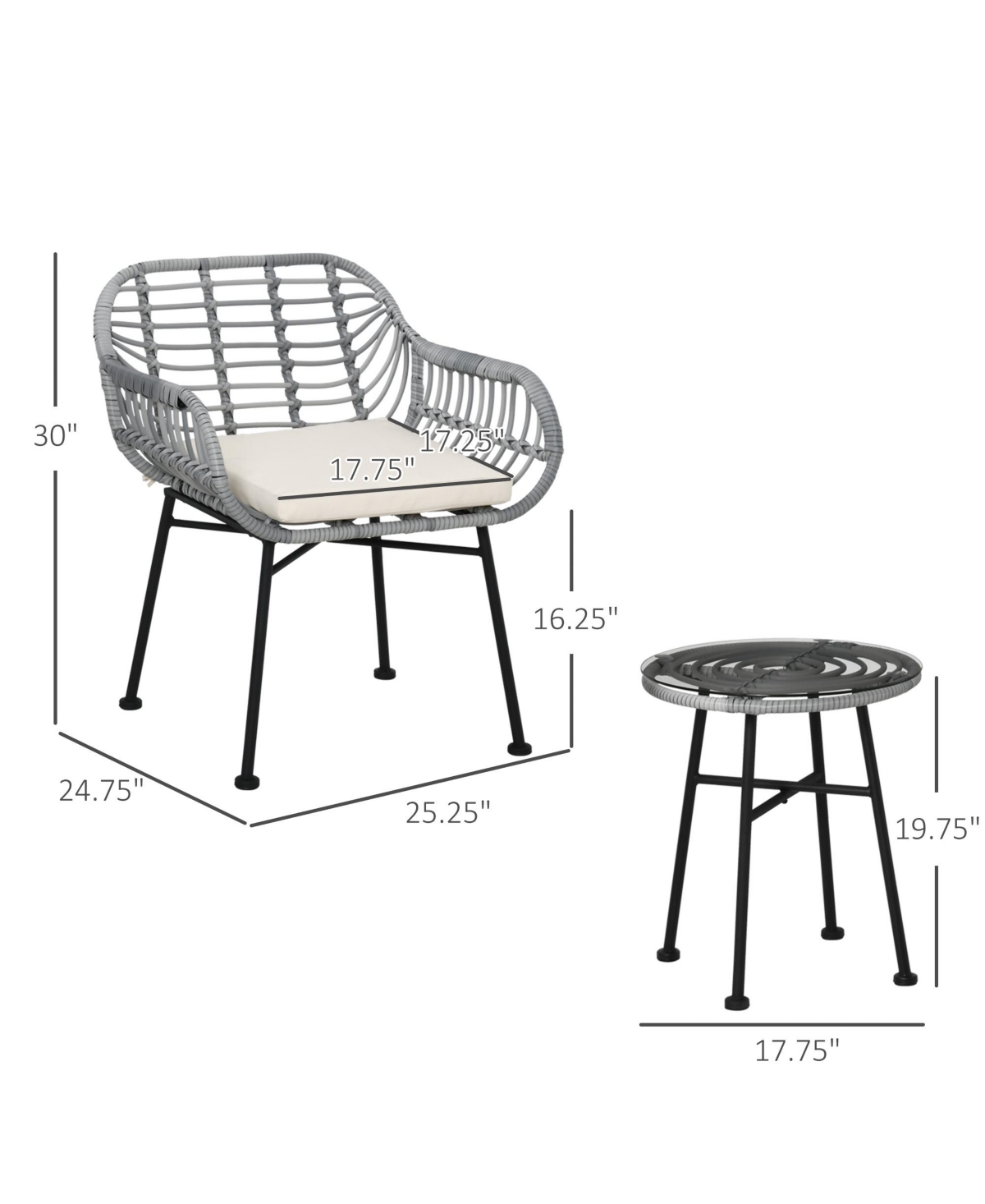 Outsunny 3-Piece Patio Conversation Bistro Set, Outdoor Wicker Furniture with Round Tempered Glass Top Table & 2 Rattan Armchairs for Garden, or Backy