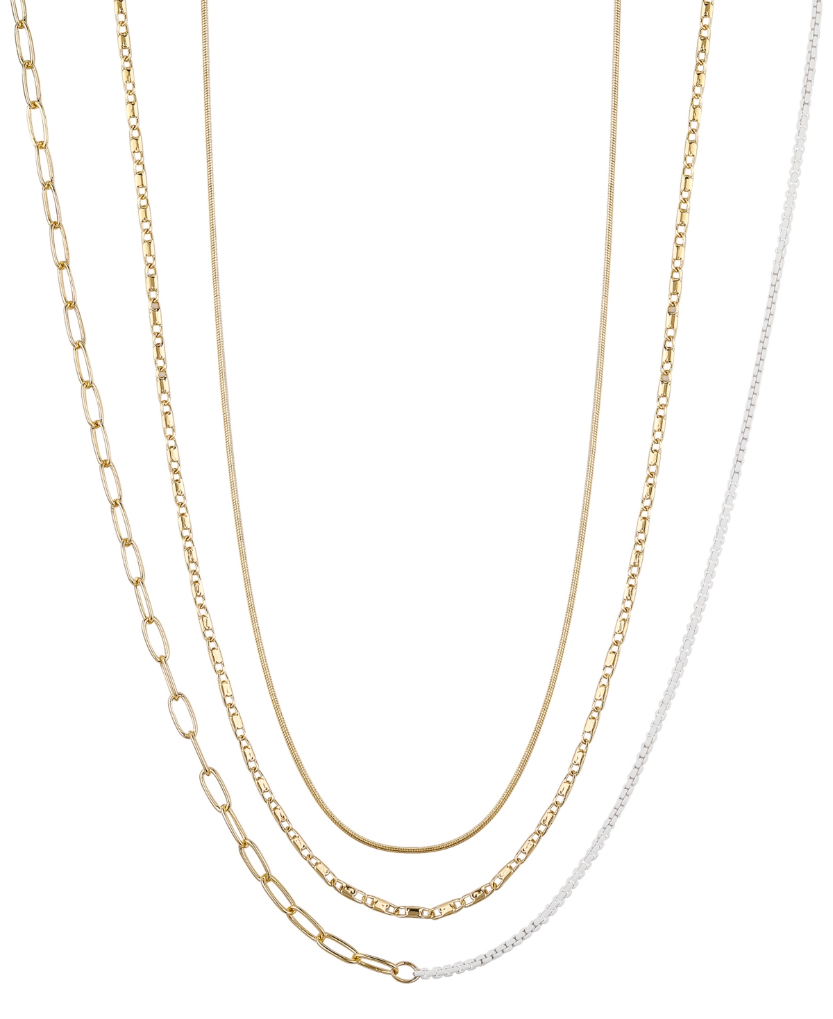 Unwritten 14k Gold Flash Plated White Enamel Paperclip Herringbone Chain Layered Necklaces, 3 Piece Set