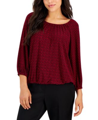 AK Anne Klein - Petite Printed 3/4-Sleeve Shirred Peasant Top
