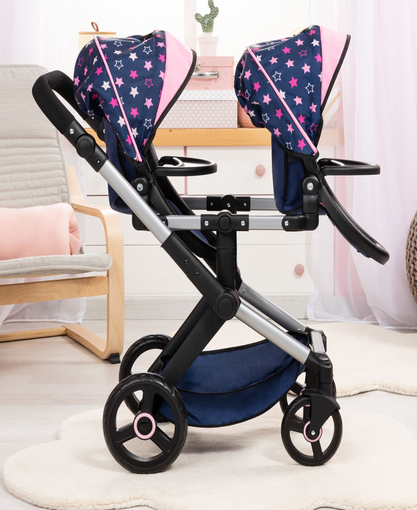 Детские аксессуары для кукол Bayer Design Dolls: Xeo Twin Pram - Stars, цвет: Синий / Розовый — фото 4