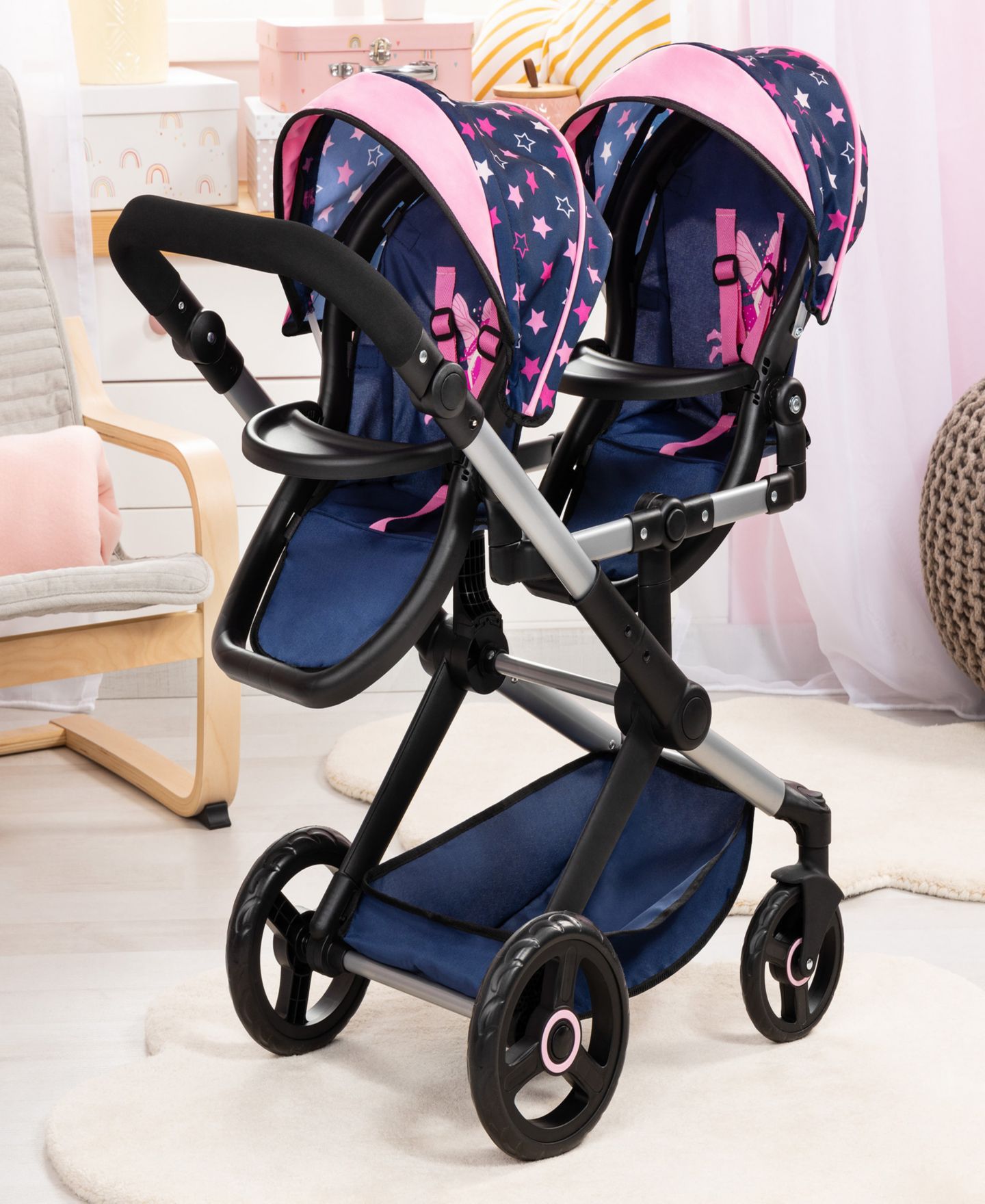Детские аксессуары для кукол Bayer Design Dolls: Xeo Twin Pram - Stars, цвет: Синий / Розовый — фото 7