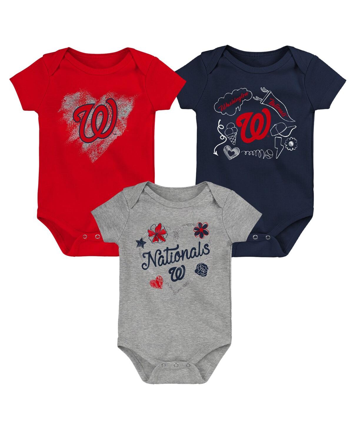 Shop Outerstuff Girls Newborn And Infant Red, Navy, Heathered Gray Washington Nationals 3-pack Batter Up Bodysuit Se In Red,navy,heathered Gray