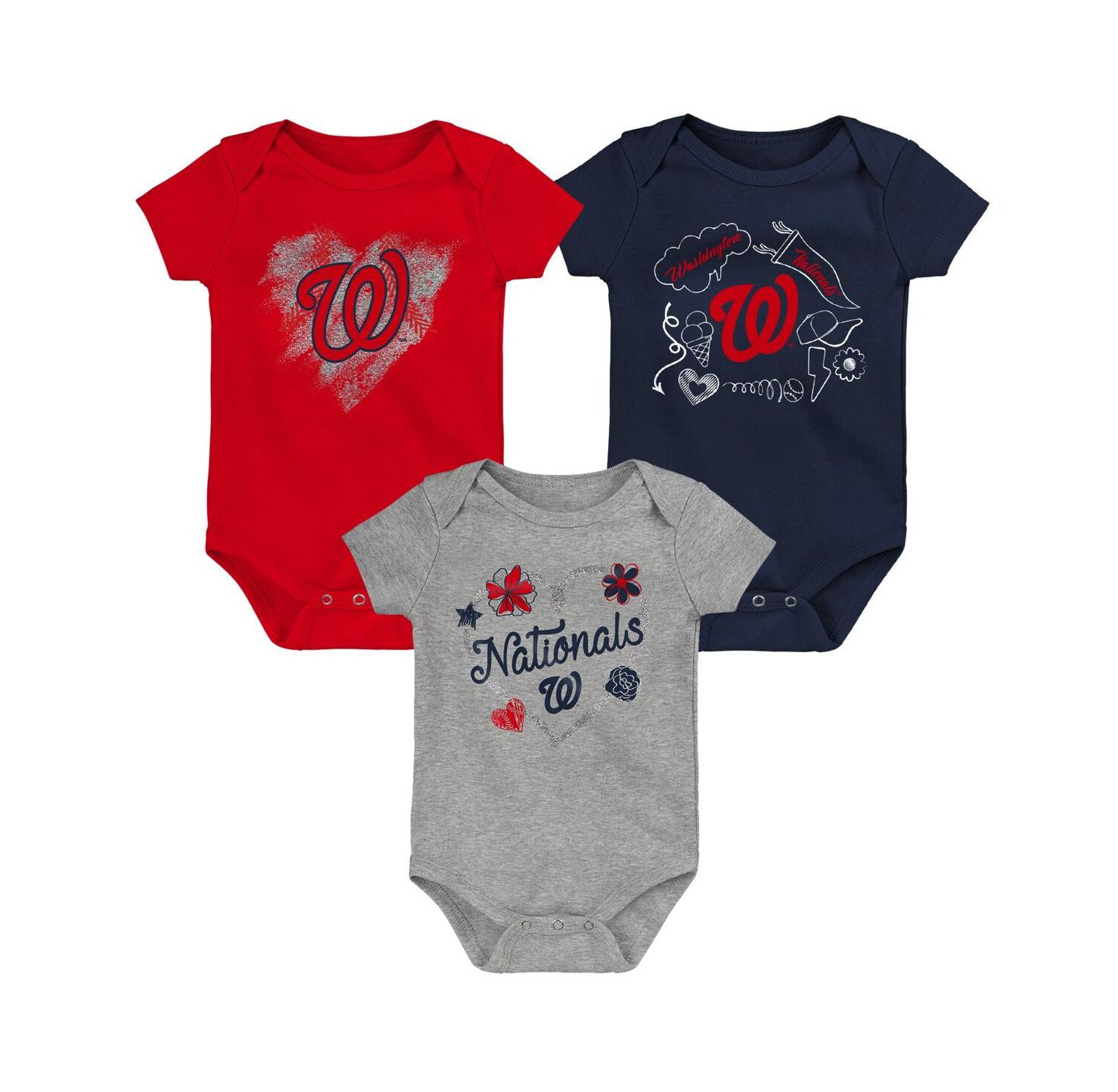 Girls Newborn and Infant Red, Navy, Heathered Gray Washington Nationals 3-Pack Batter Up Bodysuit Set