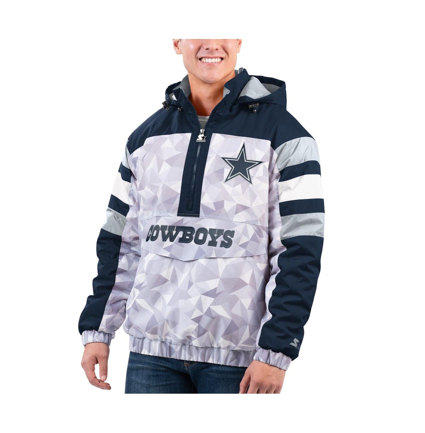 Мужская куртка Starter White, Navy Dallas Cowboys Thursday Night Gridiron Raglan Half-Zip Hooded — фото 1