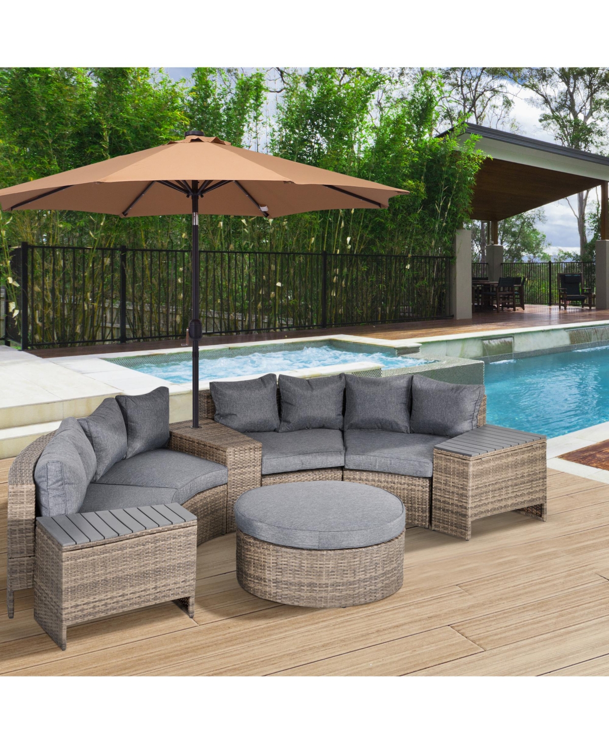 Outsunny 8pc Half Round Patio Rat Sofa Furniture Set w/ Side Tables,