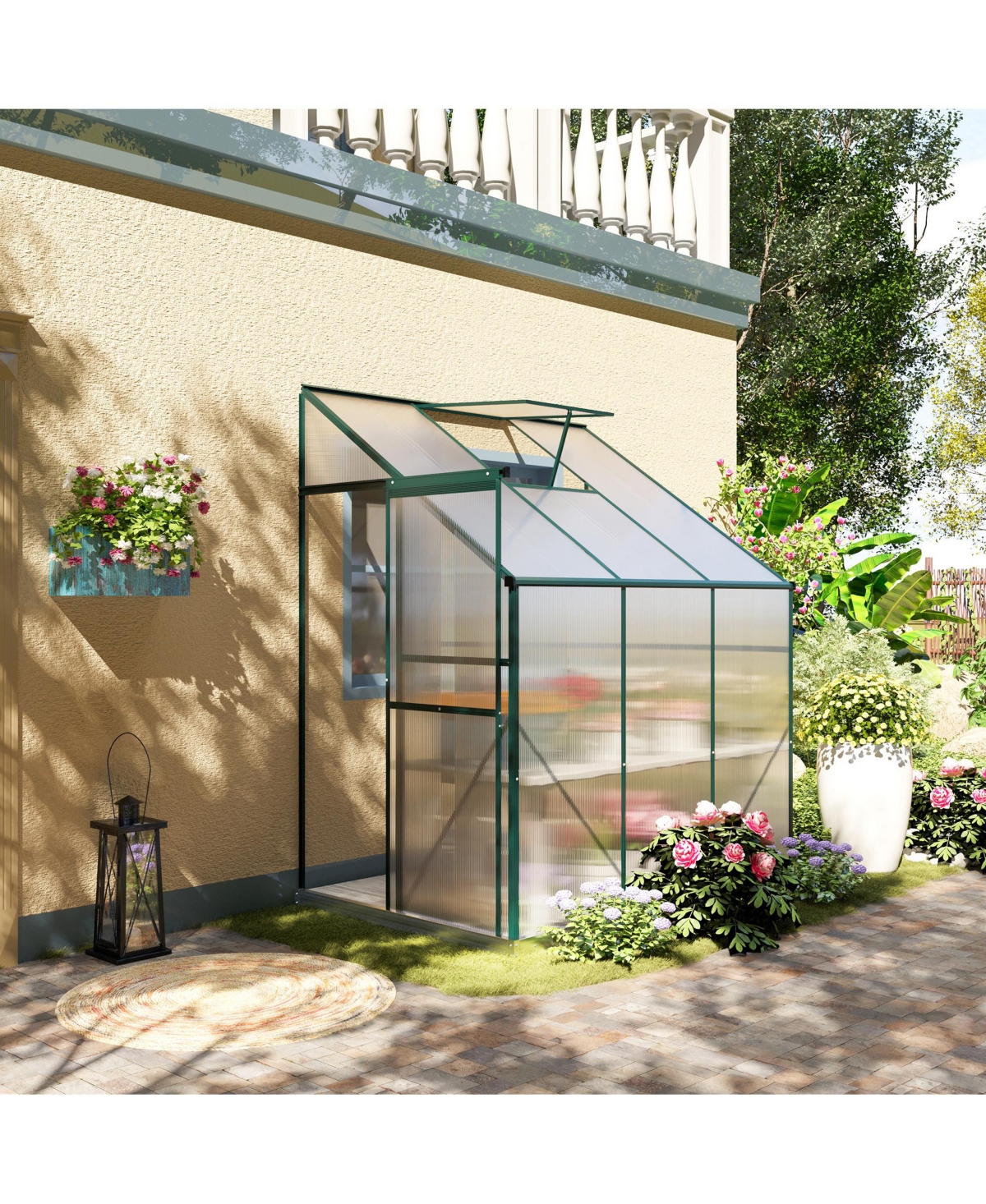 Outsunny 6' x 4' x 7' Hobby Greenhouse, Walk-in Lean-To Polycarbonate Hot House Kit with Aluminum Frame, Sliding Door, Roof Vent,- Green