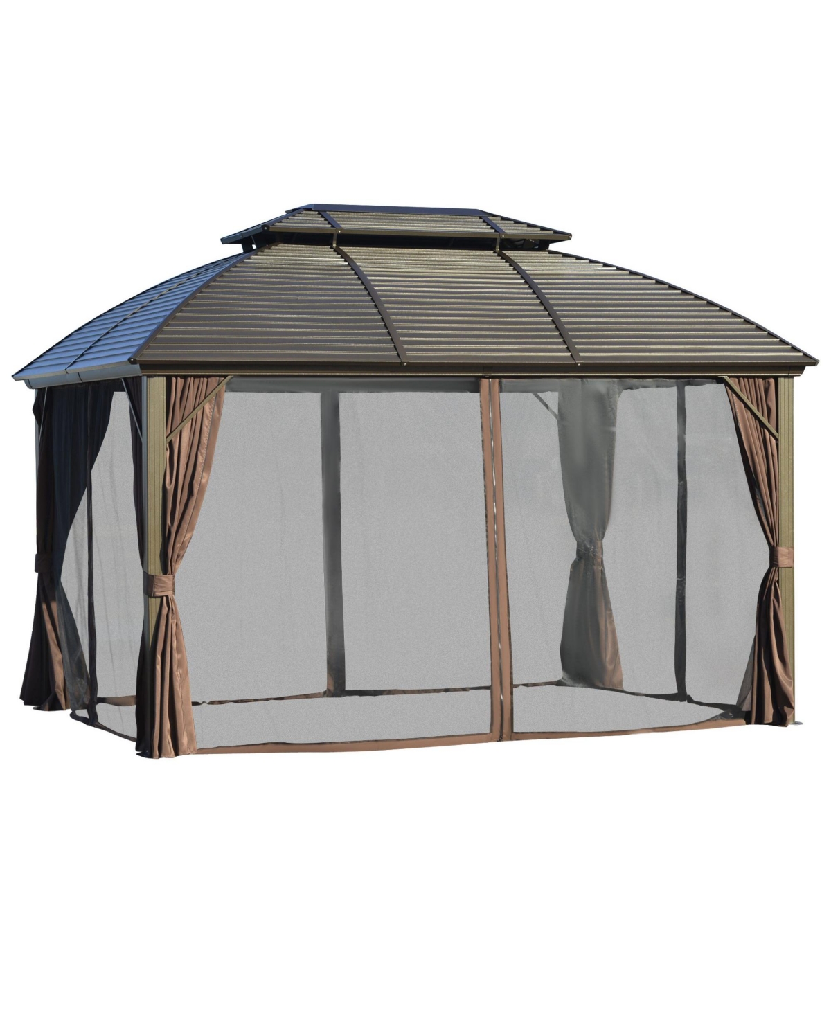 10' x 12' Metal Roof Hardtop Gazebo w/ Curtains & Netting, Brown - Brown