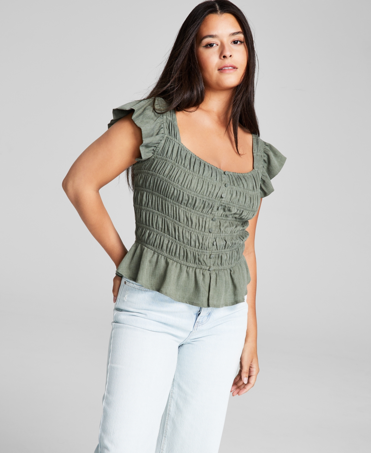And Now This Women's Ruched Smocked-sleeve Top In Crushed Oregano
