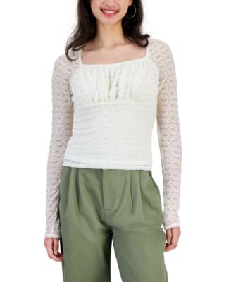 Self Esteem - Juniors' Lace Square-Neck Sheer-Sleeve Top