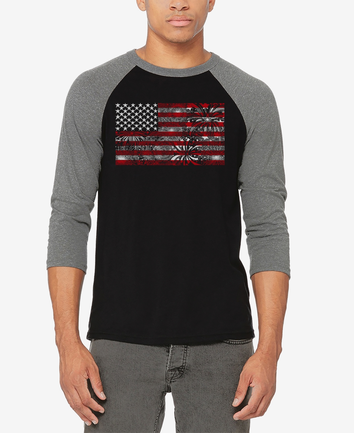 La Pop Art Men's Raglan Baseball Word Art Fireworks American Flag T-shirt - Black