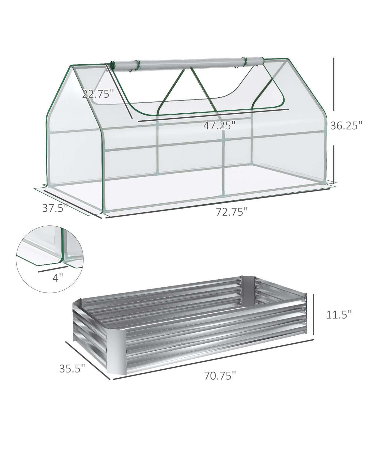 Outsunny Galvanized Raised Garden Bed with Mini Greenhouse Cover, Outdoor Metal Planter Box with 2 Roll-Up Windows for Growing Flowers, Fruits, Vegeta