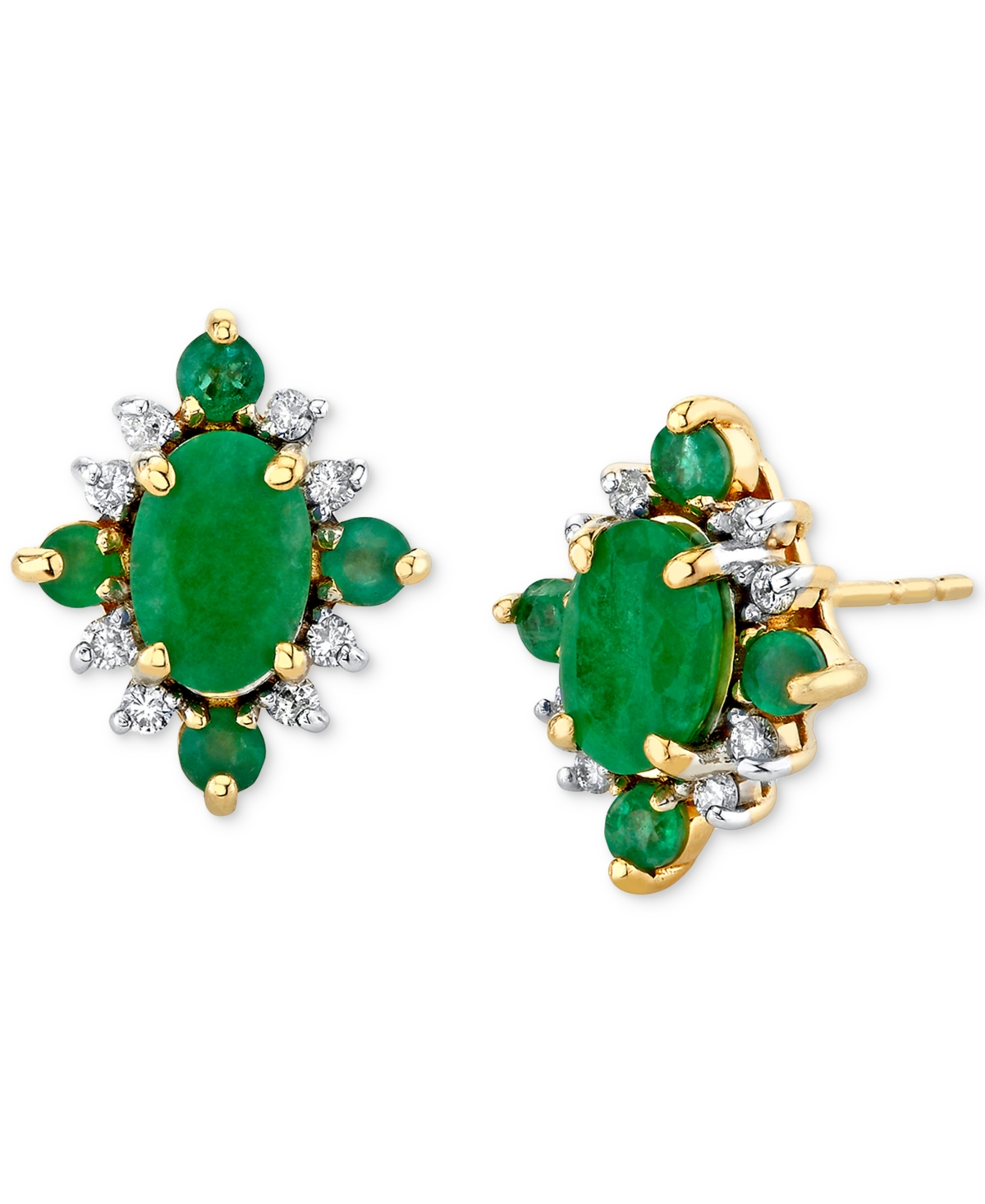 Macy's Emerald (1-1/3 Ct. T.w.) & Diamond (1/8 Ct. T.w.) Cluster Stud Earrings In 10k Gold