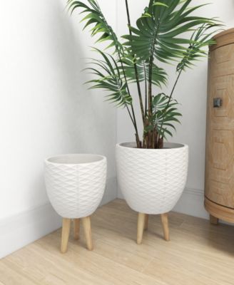 White Ceramic Indoor Outdoor Planter with Wood Legs Set of 2