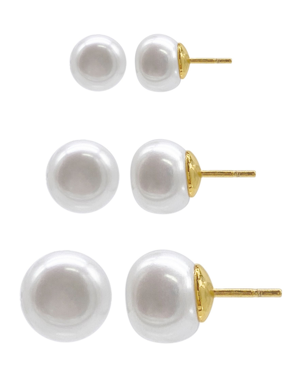 14K Gold Plated Freshwater Pearl Stud Earrings Set, 6 Pieces - White