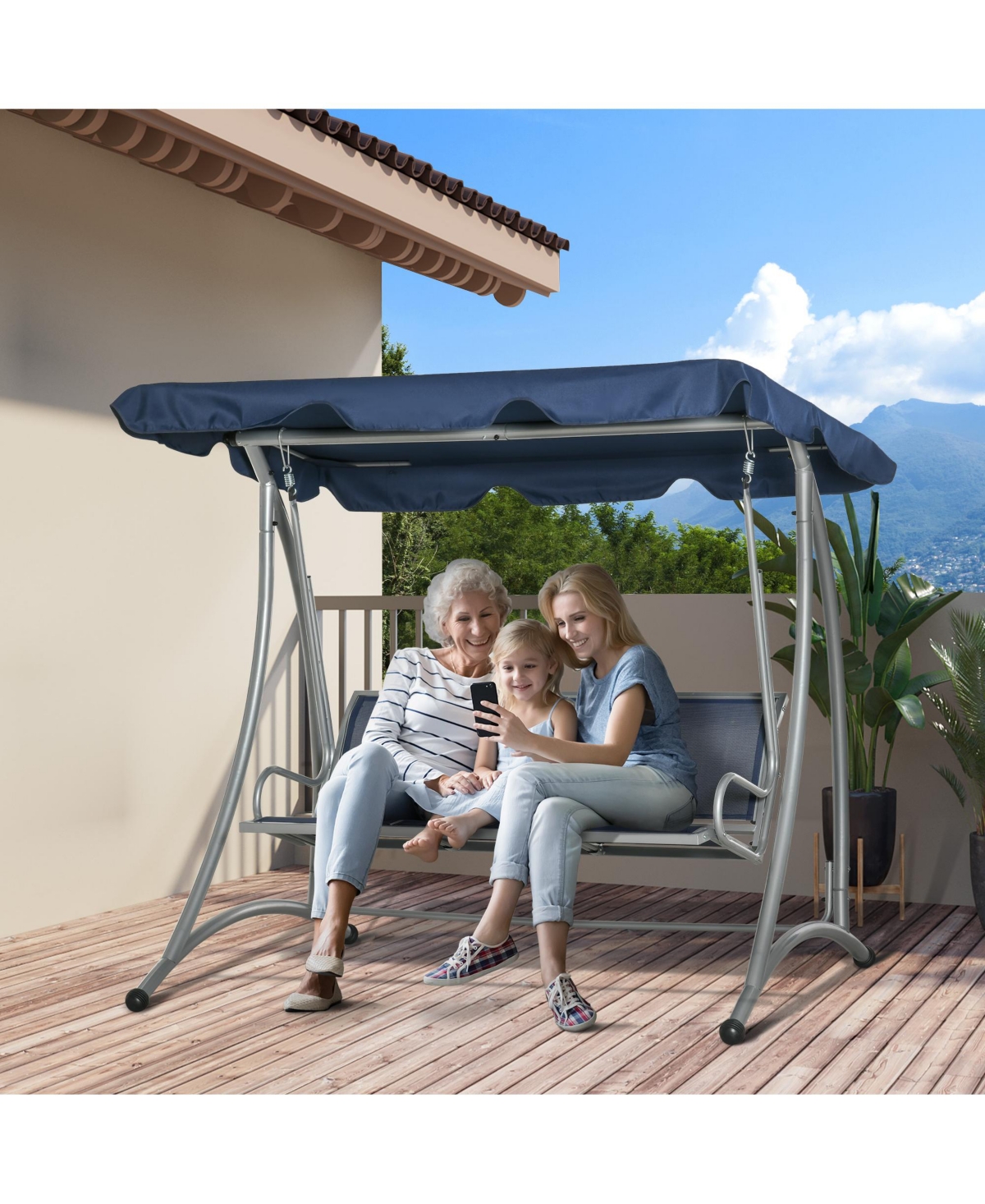 Outsunny 3 Person Patio Swing Seats, Porch Swing with Stand and Adjustable Canopy Outdoor Swing Chair Bench for Garden, Poolside,- Blue