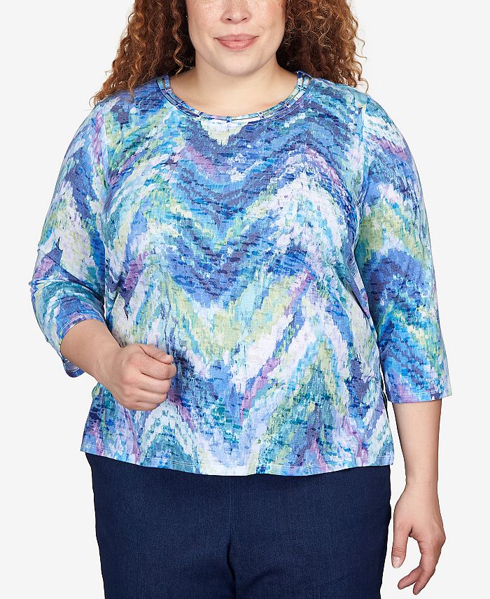 Alfred Dunner Plus Size Moody Blues Ikat Chevron 3/4 Sleeve Top ...