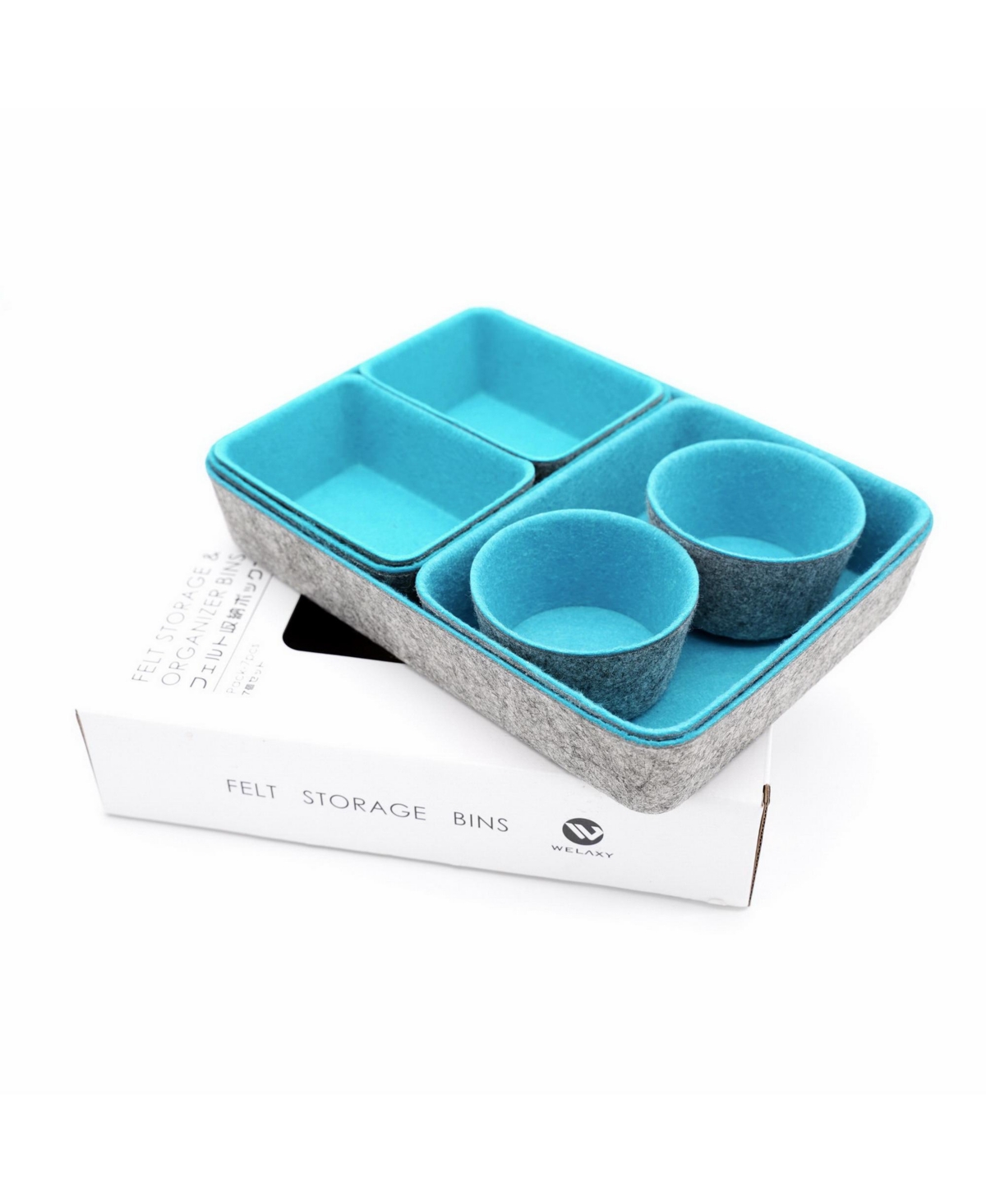 7 Piece Felt Drawer Organizer Set with Round Cups and Trays - Turquoise