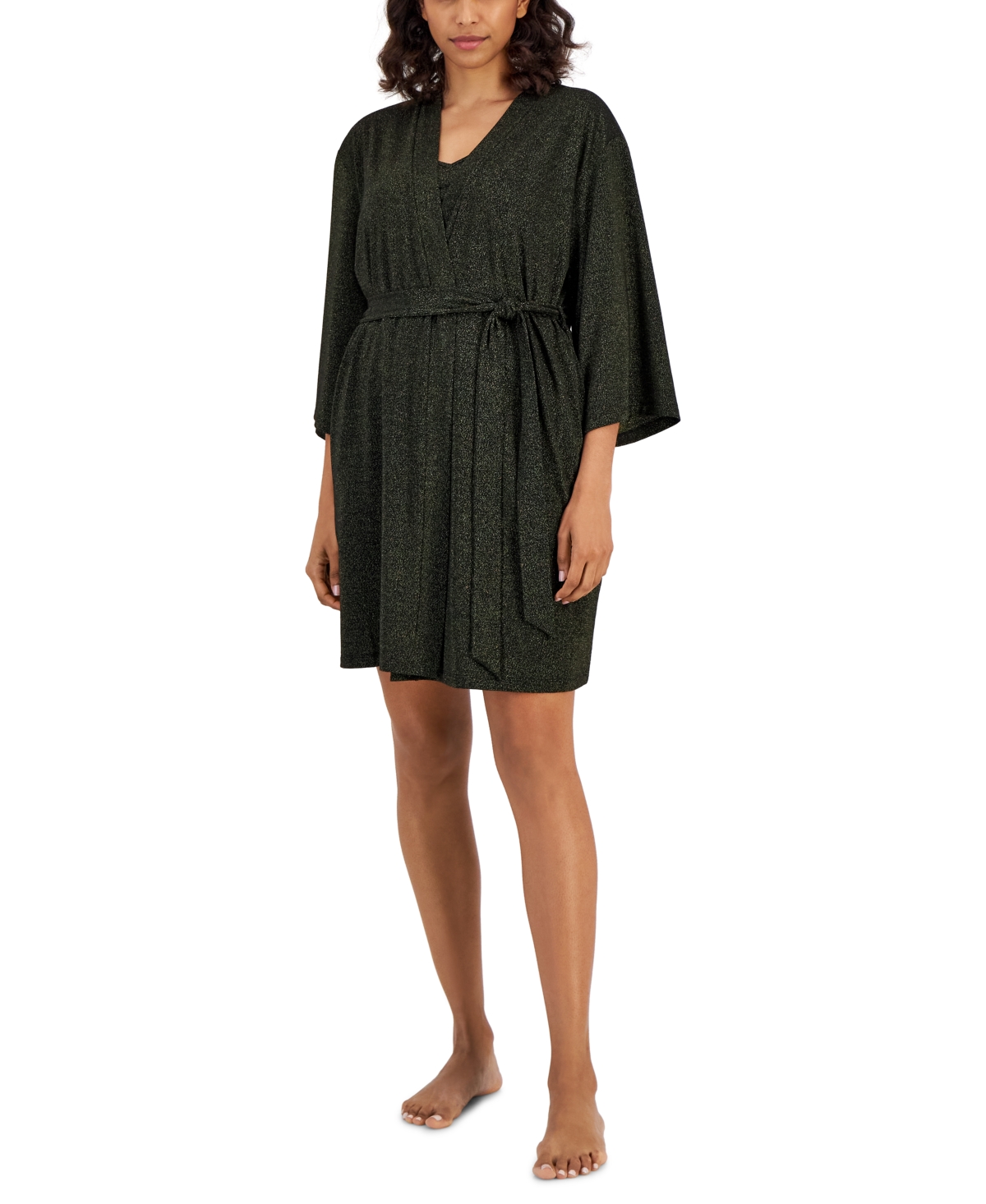 Inc International Concepts Women's 2-pc. Sparkle Robe & Chemise Set, Created For Macy's In Black Sparkle